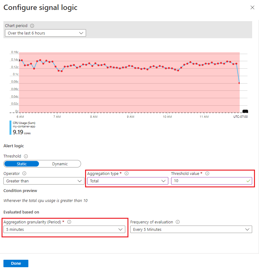 Snímek obrazovky s logikou nakonfigurovaného signálu upozornění v Azure Container Apps