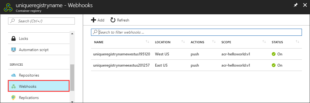 Webhooky v registru kontejnerů na portálu Azure Portal