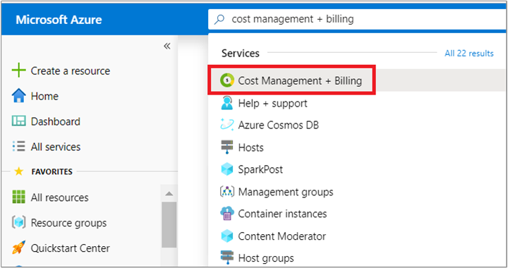 Snímek obrazovky znázorňující hledání na webu Azure Portal pro cost Management a fakturaci