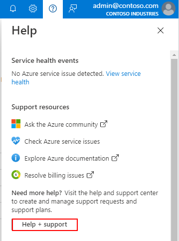 Snímek obrazovky s nabídkou Nápověda na webu Azure Portal