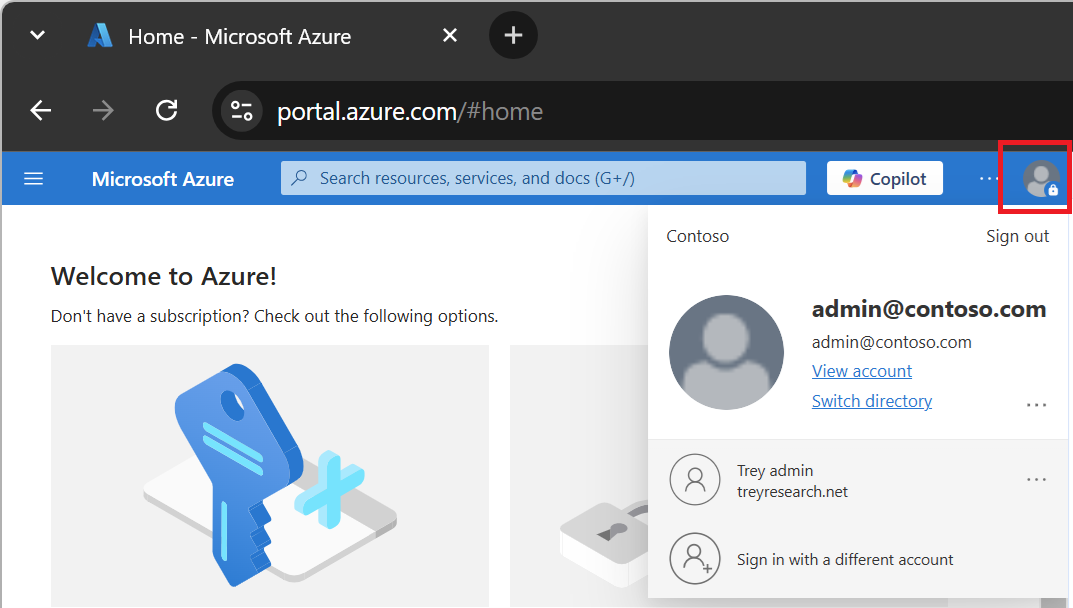 Snímek obrazovky znázorňující výběr adresáře v pravém horním rohu webu Azure Portal