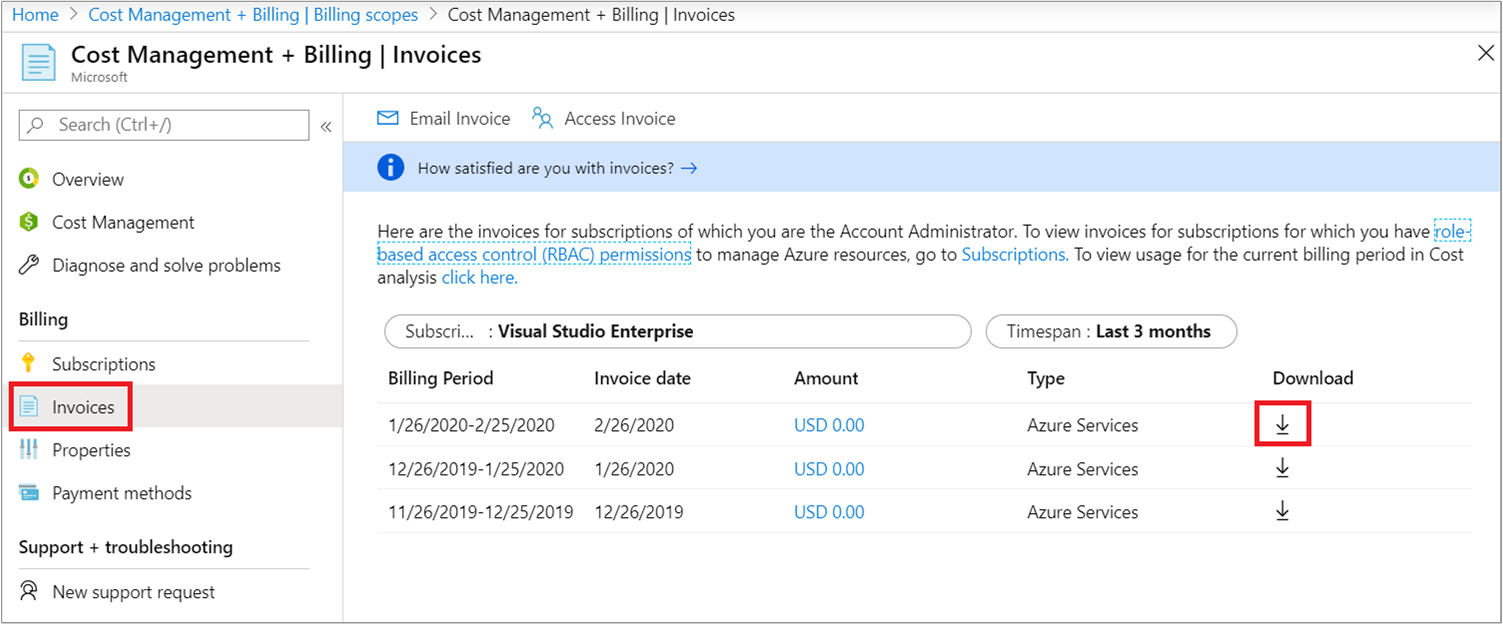 Snímek obrazovky se stránkou Cost Management + Billing Invoices (Fakturace a správa nákladů) s možností stažení