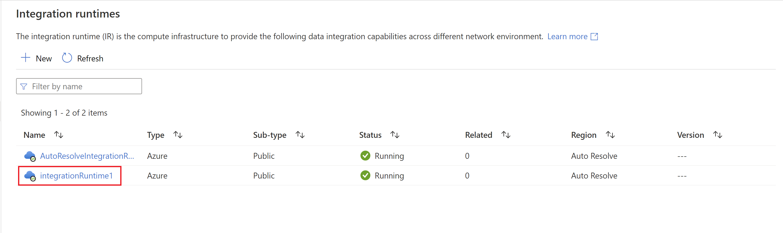 Snímek obrazovky znázorňující prostředí Azure Integration Runtime v seznamu