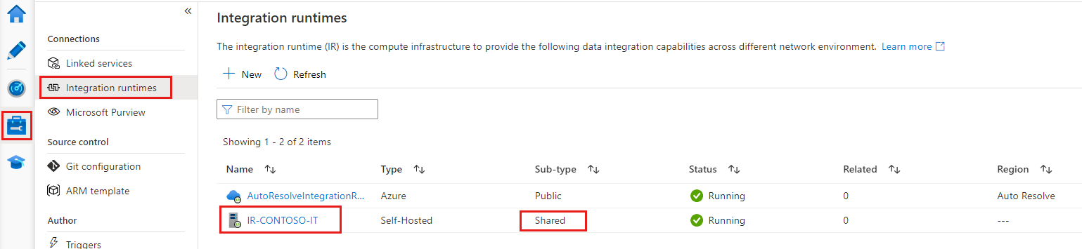 Výběry pro vyhledání sdíleného prostředí Integration Runtime