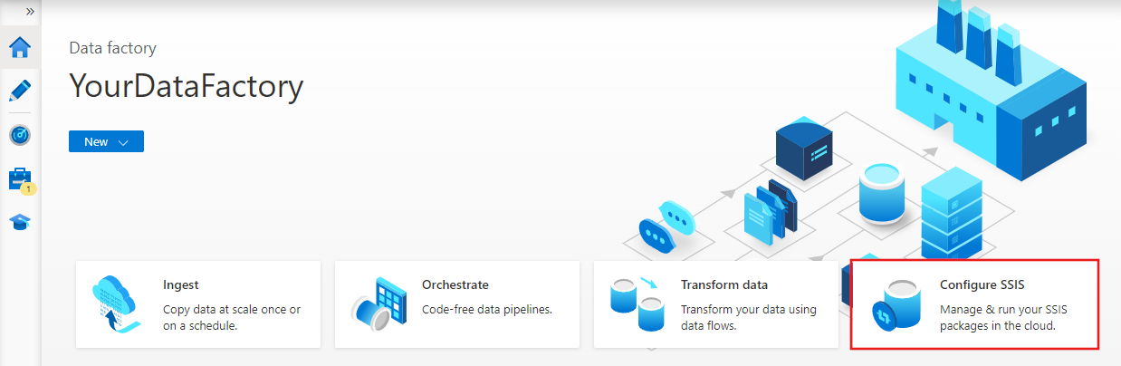 Snímek obrazovky znázorňující domovskou stránku služby Azure Data Factory