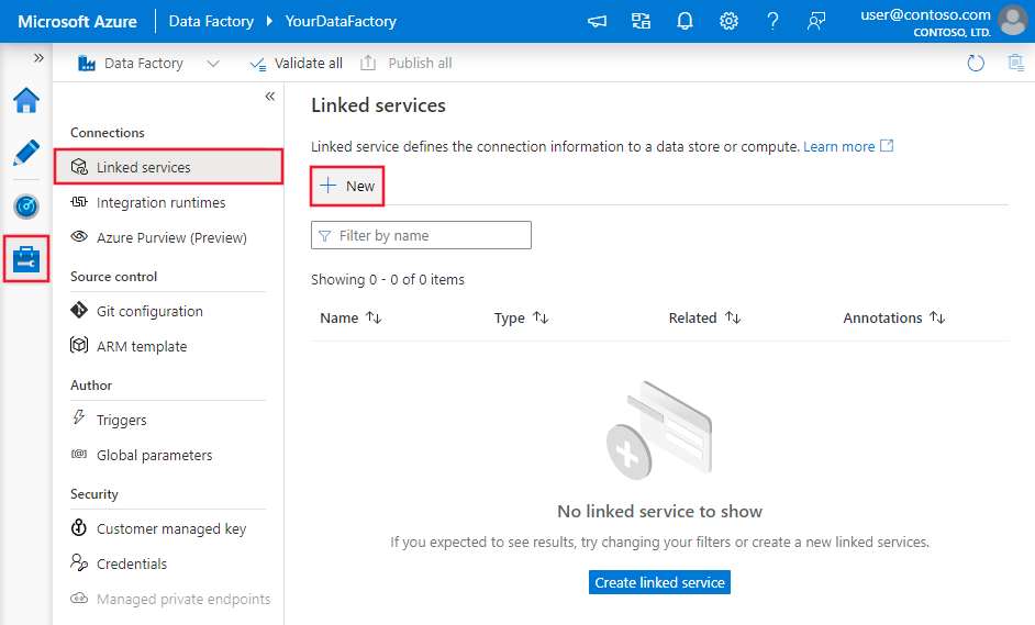 Snímek obrazovky s vytvořením nové propojené služby pomocí azure Data Factory U I