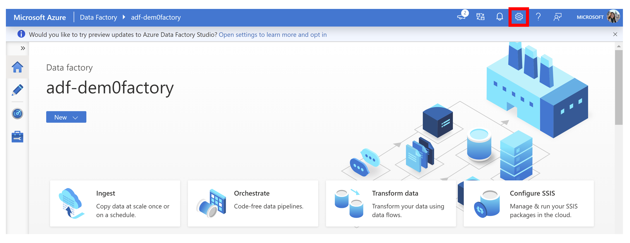 Snímek obrazovky domovské stránky Azure Data Factory se zvýrazněným ozubeným kolečkem Nastavení v pravém horním rohu