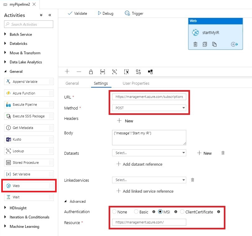 Snímek obrazovky znázorňující nastavení pro plán webových aktivit azure Data Factory SSIS IR