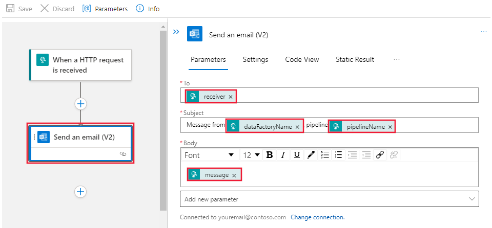 Zobrazuje návrháře pracovního postupu pro akci Odeslat e-mail (V2).