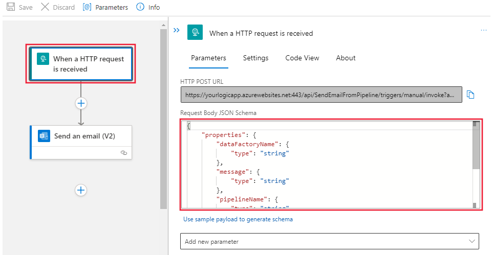 Zobrazuje návrháře pracovního postupu pro trigger požadavku s vyplněným polem schématu JSON textu požadavku.