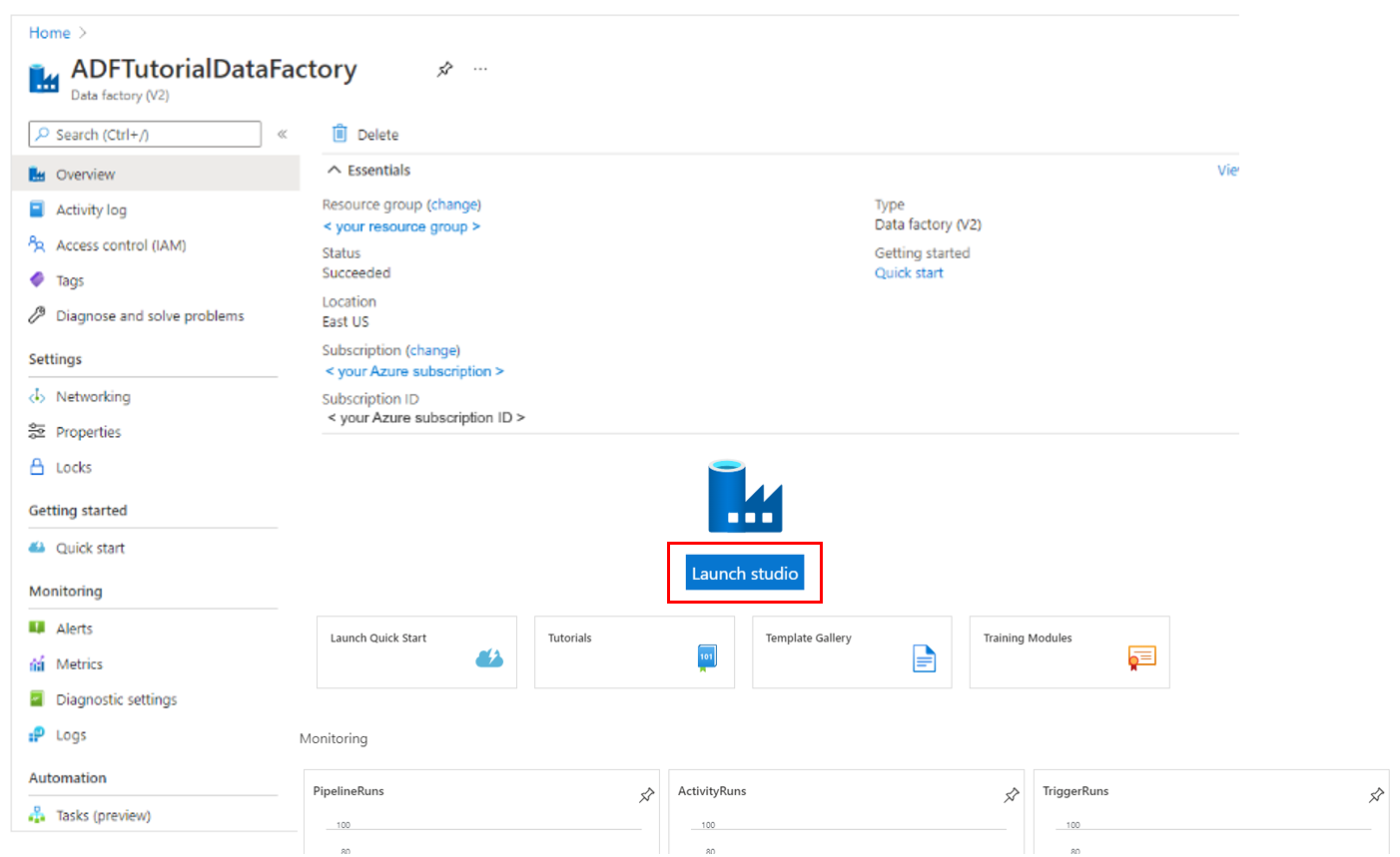 Domovská stránka služby Azure Data Factory se zvýrazněnou dlaždicí Open Azure Data Factory Studio