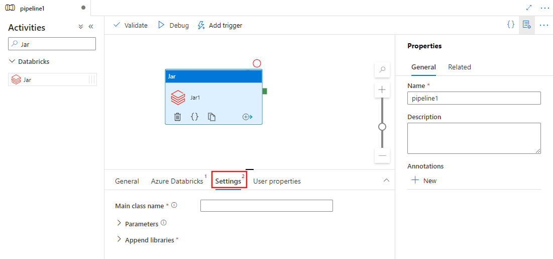 Zobrazuje uživatelské rozhraní pro kartu Nastavení aktivity Jar.