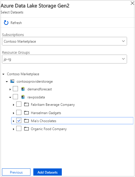 Screenshot of the select datasets page, showing a folder selected.