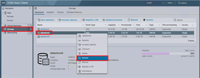 Screenshot of a page on the ESXi server site that shows the user opening the datastore context menu.