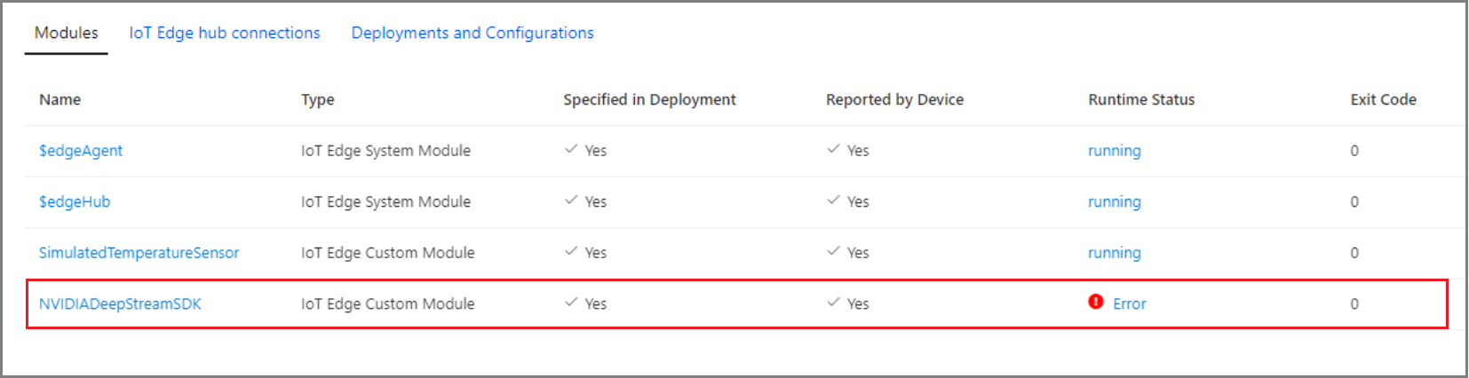 Snímek obrazovky webu Azure Portal se stavem modulu runtime modulu NVIDIA DeepStream SDK s chybovým stavem