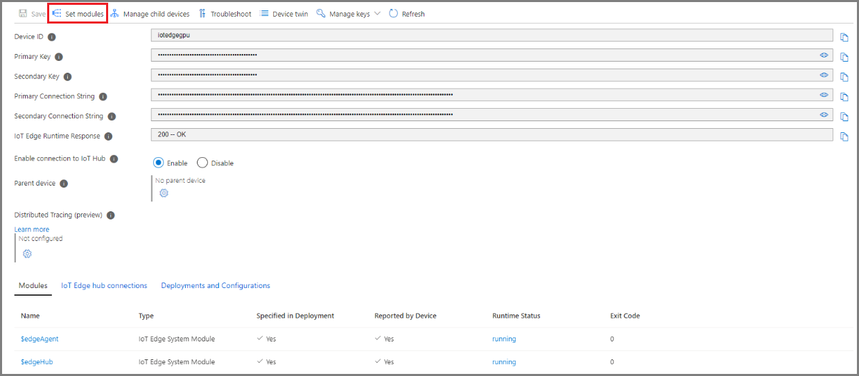 Snímek obrazovky webu Azure Portal, IoT Hubu a stránky nastavení modulů