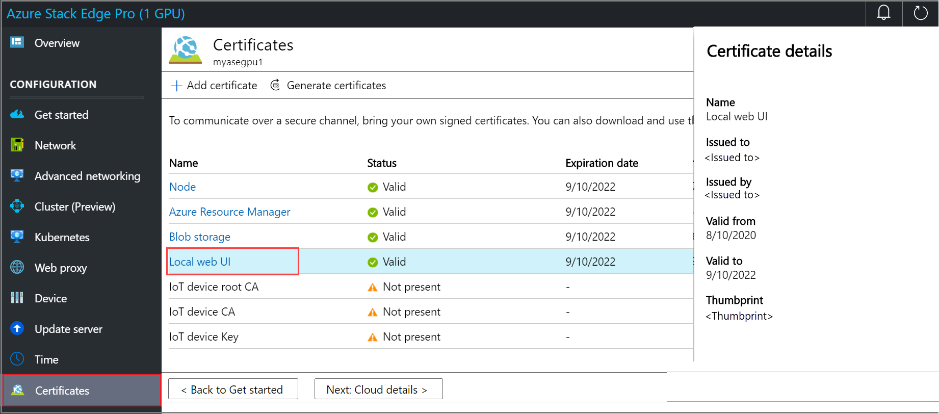 Screenshot showing the Certificate Details pane on the Certificates page of an Azure Stack Edge device. The selected certificate is highlighted.