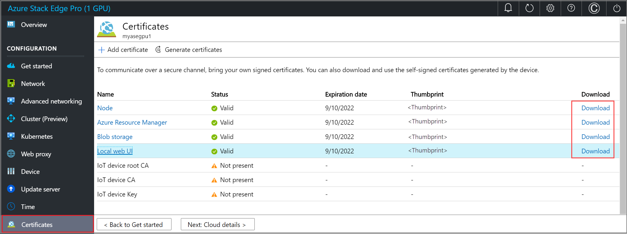 Screenshot of the Certificates page on an Azure Stack Edge device. The download links for generated certificates are highlighted.