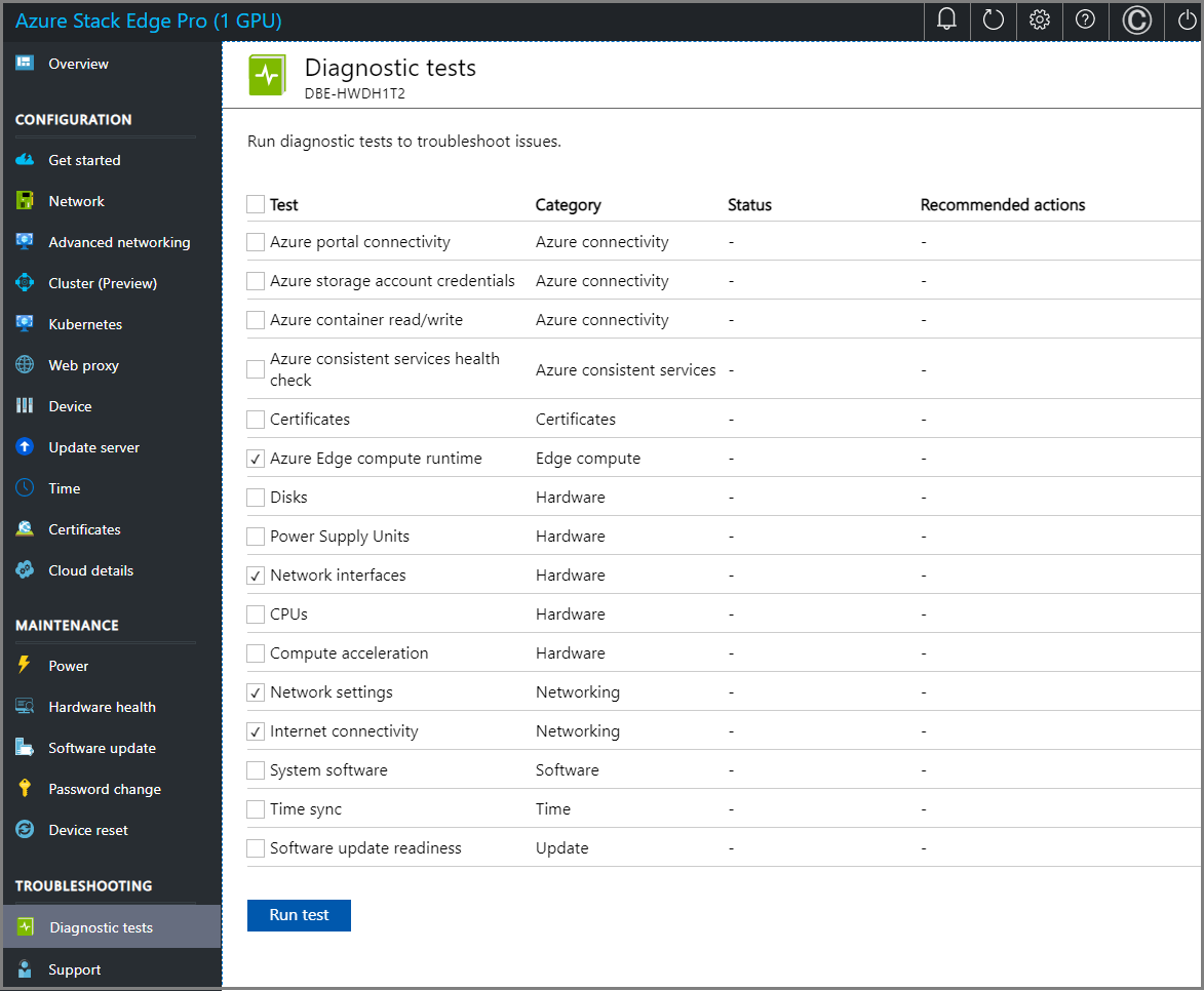 Snímek obrazovky se stránkou Diagnostické testy v místním webovém uživatelském rozhraní zařízení Azure Stack Edge