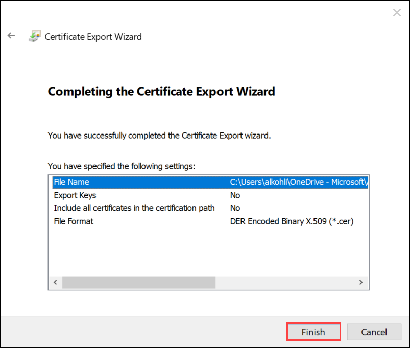 Snímek obrazovky se stránkou dokončení Průvodce exportem certifikátu Tlačítko Dokončit je zvýrazněné.