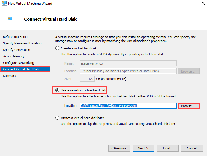 Průvodce novým virtuálním počítačem a jako zdroj vyberte existující virtuální pevný disk.