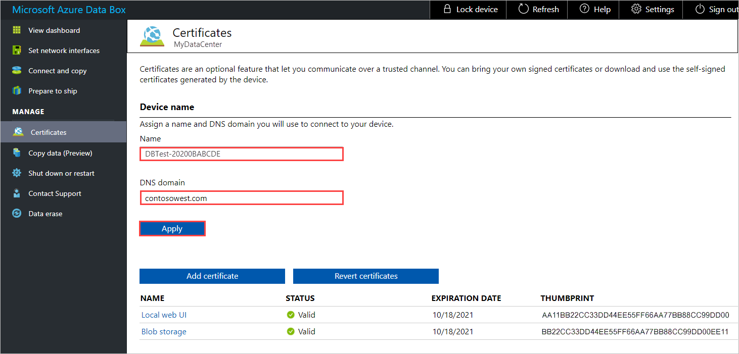 Použití nového názvu zařízení a domény DNS pro Data Box