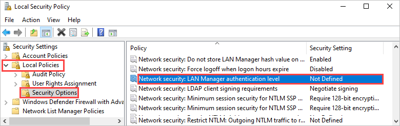 Screenshot showing the Security Options in the Local Security Policy editor. The 