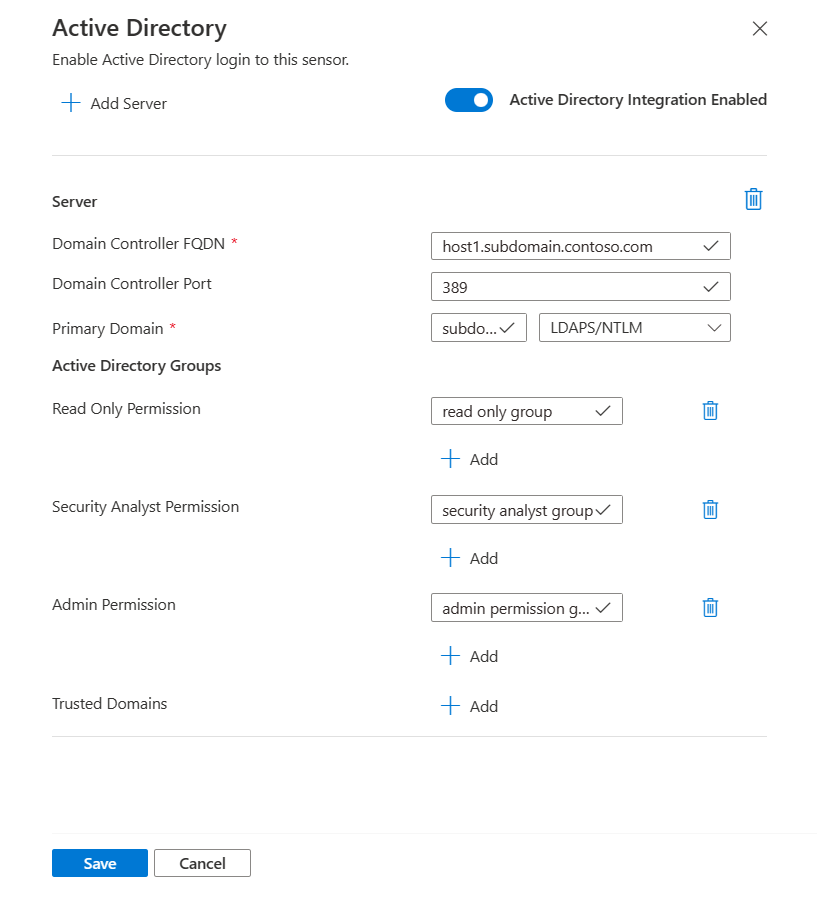 Snímek obrazovky s konfigurací integrace služby Active Directory na senzoru