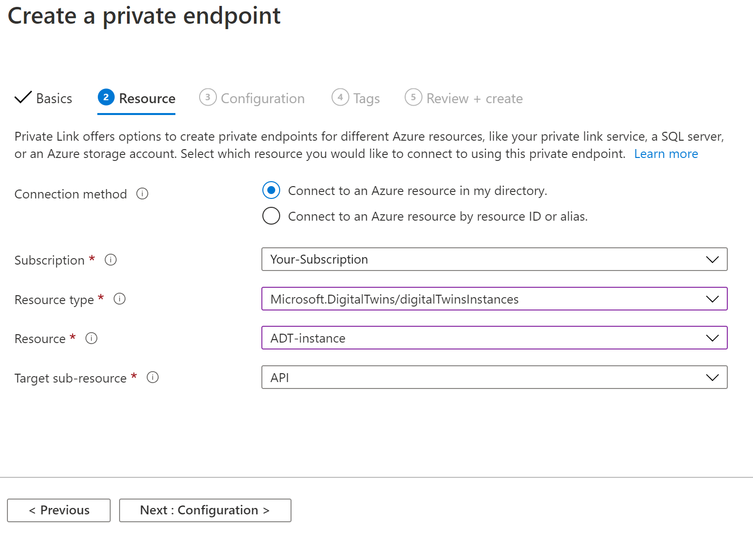 Snímek obrazovky webu Azure Portal zobrazující druhou kartu (prostředek) v dialogovém okně Vytvořit privátní koncový bod Obsahuje pole popsaná výše.