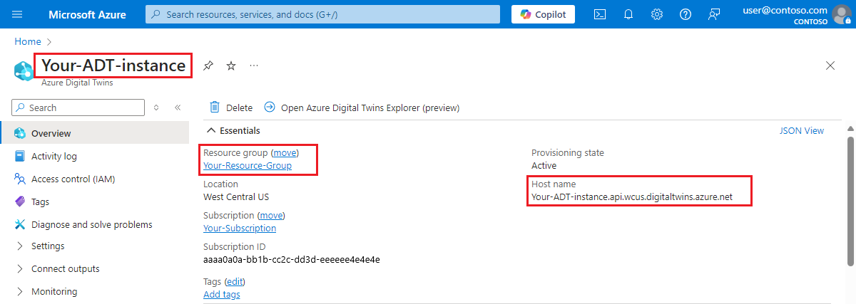 Snímek obrazovky webu Azure Portal se zvýrazněním důležitých hodnot na stránce Přehled instance Azure Digital Twins