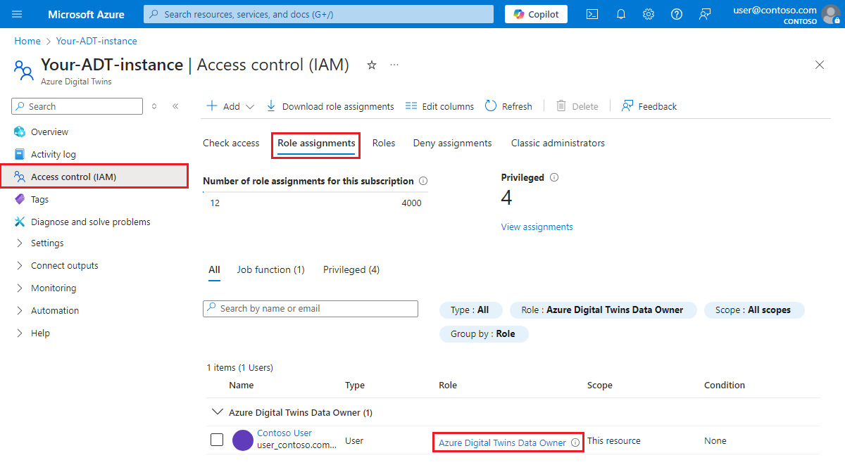 Snímek obrazovky s přiřazeními rolí pro instanci služby Azure Digital Twins na webu Azure Portal