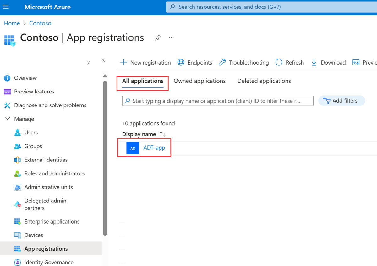 Snímek obrazovky se stránkou registrace aplikací na webu Azure Portal