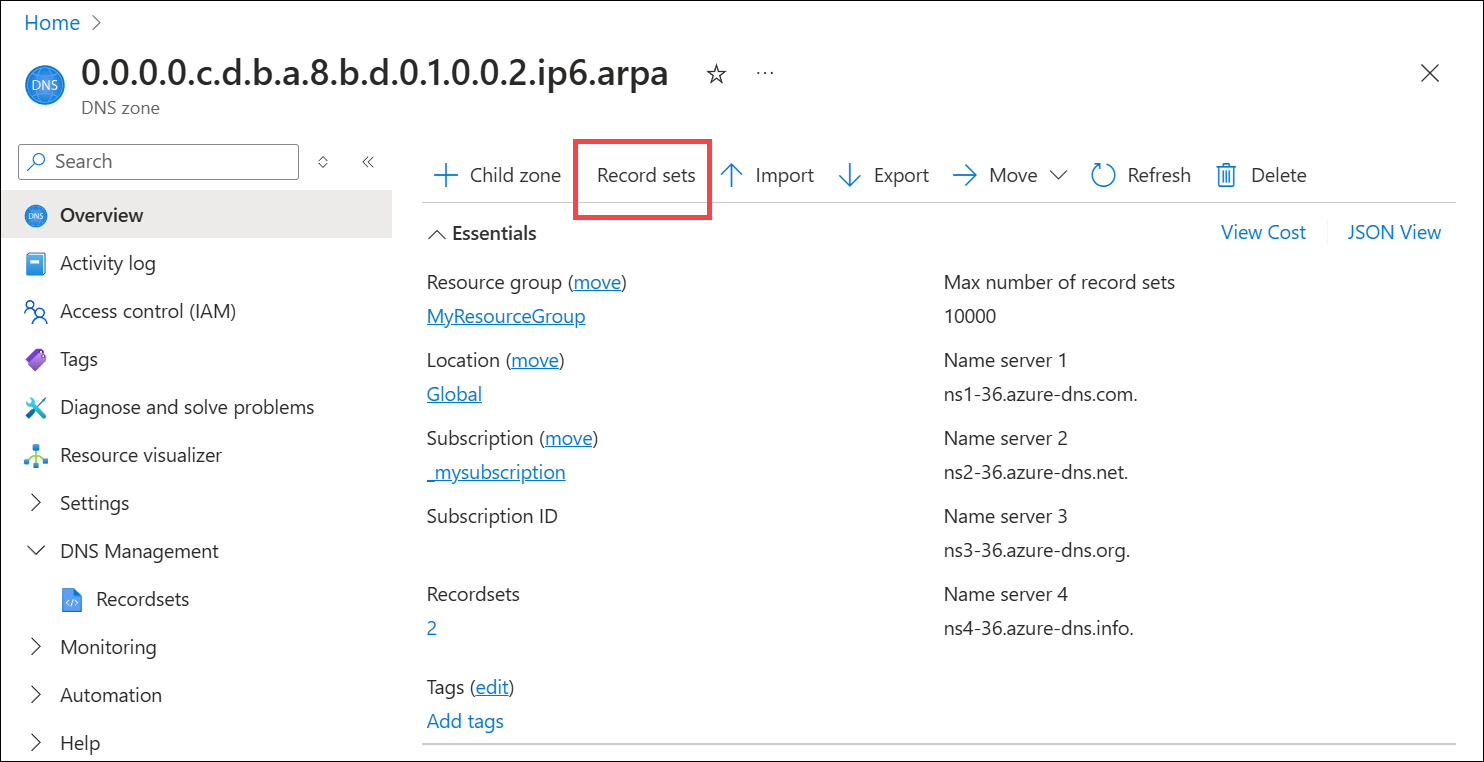 Snímek obrazovky znázorňuje přidání reverzního záznamu DNS IPv6 do zóny DNS.