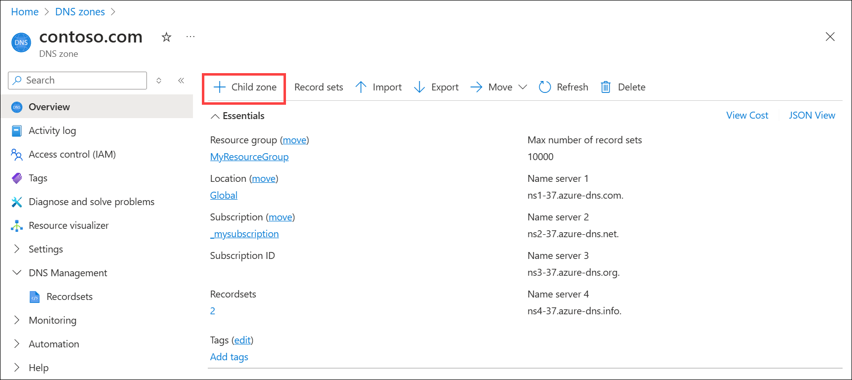 Snímek obrazovky zóny Azure DNS zobrazující tlačítko Přidat podřízenou zónu