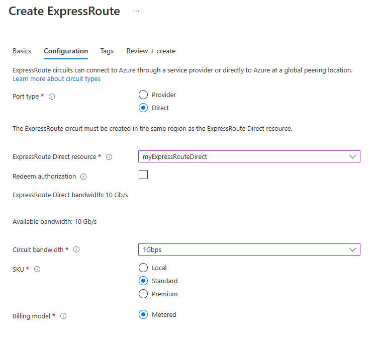 Snímek obrazovky se stránkou konfigurace prostředku ExpressRoute Direct