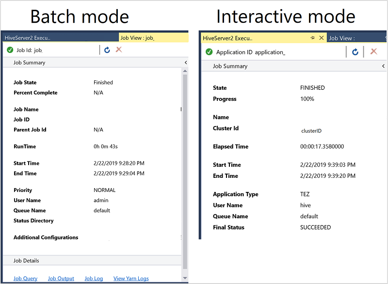 Souhrnná okna úlohy Hive, dávkový a interaktivní režim, Visual Studio.