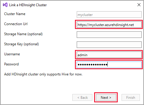 Propojte cluster, HDInsight a Visual Studio.