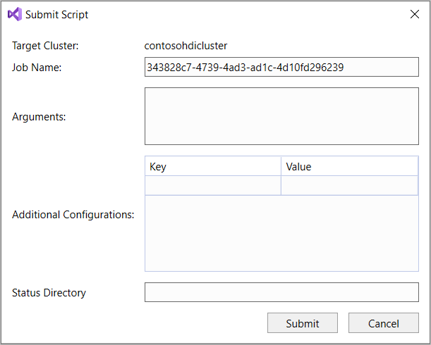 Dialogové okno Odeslat skript, ad hoc dotaz Hive, cluster HDInsight, Visual Studio.