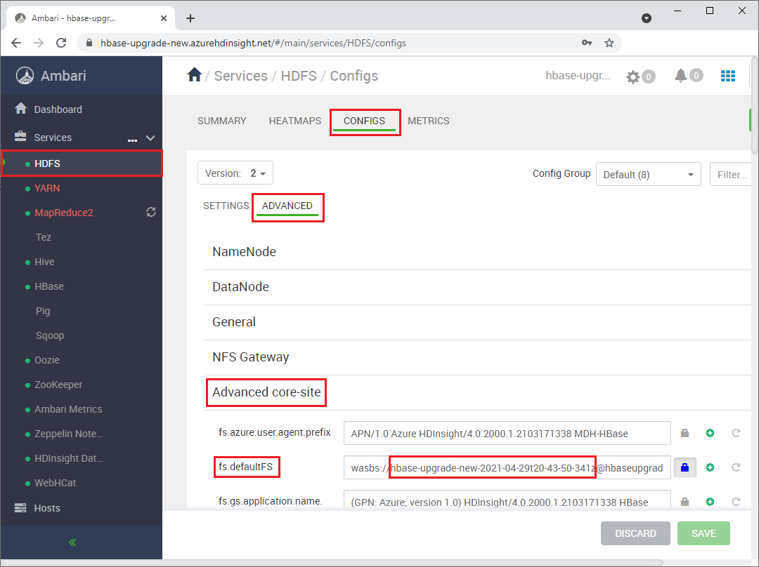 V Ambari vyberte Služby > HDFS > Configs > Advanced > Advanced Core-Site a změňte název kontejneru.