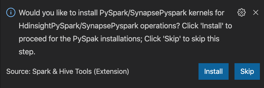 Snímek obrazovky ukazuje možnost přeskočit instalaci PySpark.