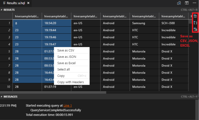 Interaktivní výsledek dotazu Apache Hive