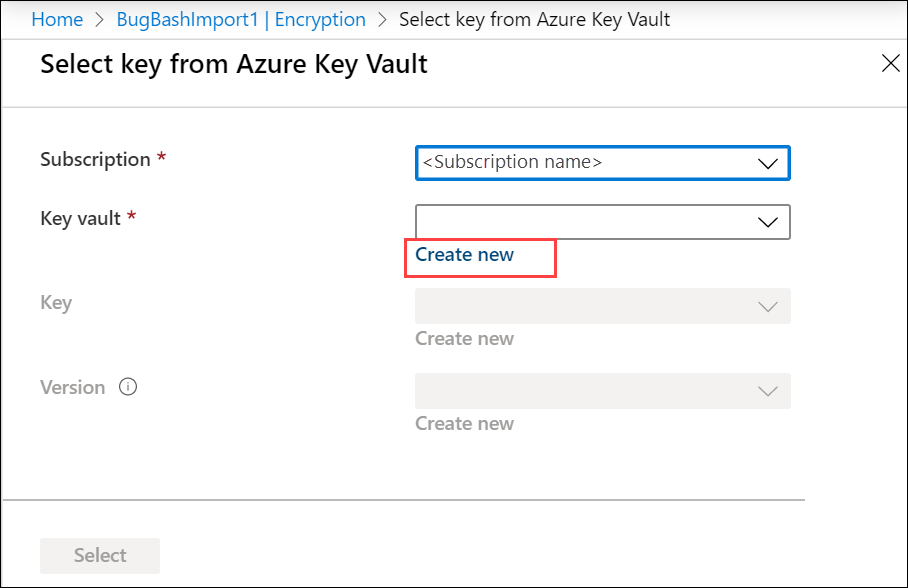 Snímek obrazovky Výběr klíče ze služby Azure Key Vault Zvýrazněný odkaz Vytvořit nový pro službu Key Vault.