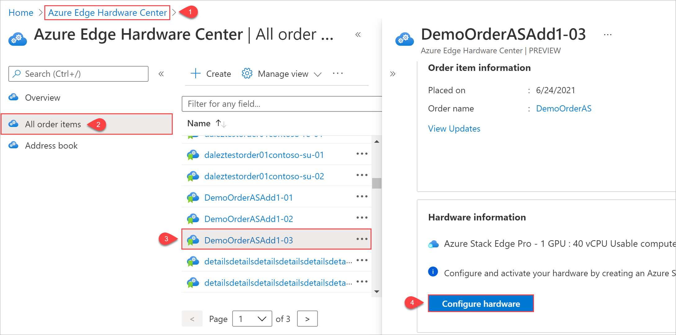 Obrázek znázorňující 4 kroky pro zahájení vytváření prostředků správy z položky objednávky v Centru hardwaru Azure Edge