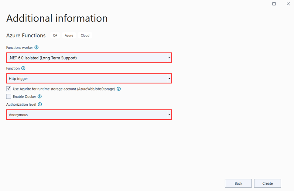 Snímek obrazovky s nastavením projektu Azure Functions