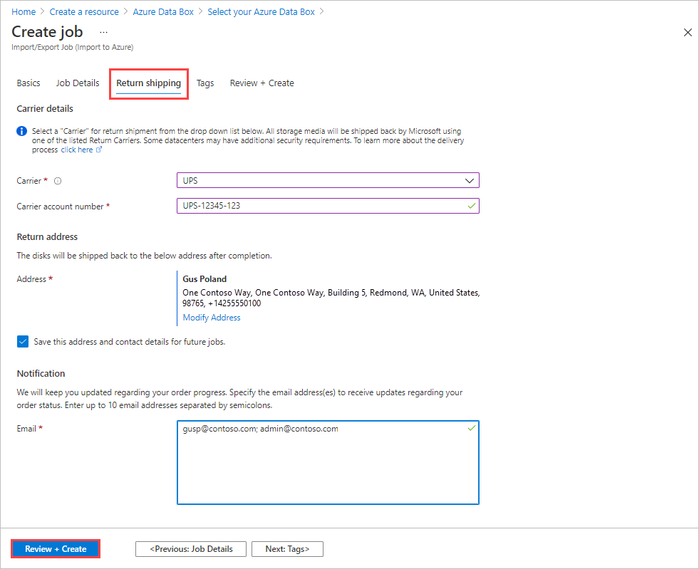 Snímek obrazovky s kartou Zpáteční doprava pro úlohu importu v Azure Data Boxu se všemi vyplněnými poli Karta Zpáteční doprava a tlačítko Zkontrolovat plus vytvořit jsou zvýrazněné.