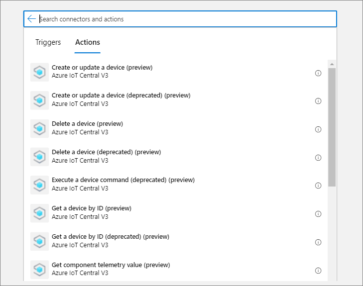 Vyhledání konektoru Azure IoT Central V3 a volba akce