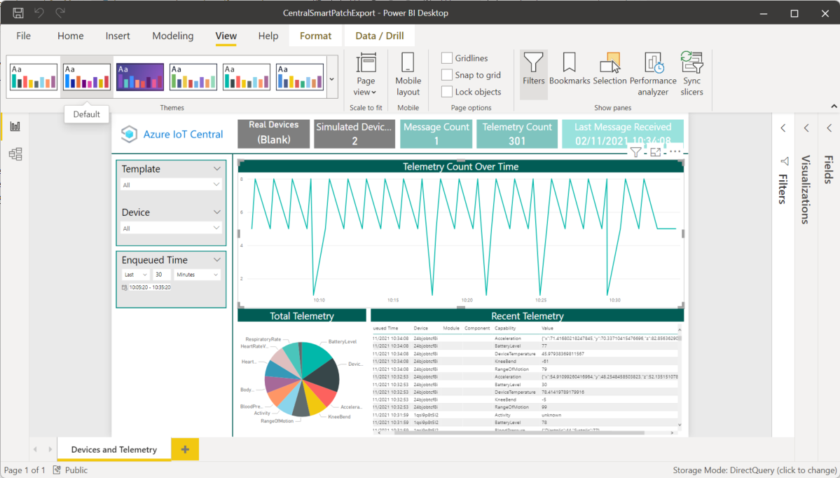 Snímek obrazovky se sestavou Power BI, která zobrazuje data ze služby IoT Central