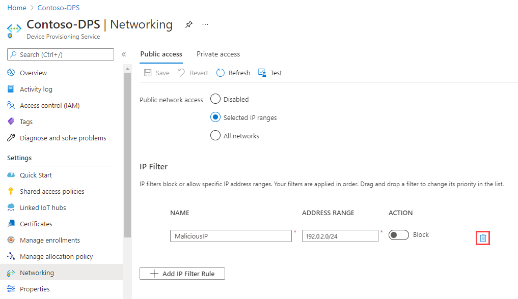 Delete an IoT DPS IP filter rule.