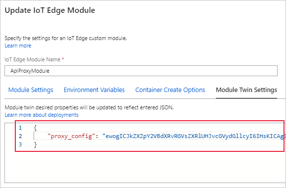 Snímek obrazovky znázorňující, jak vložit kódovaný konfigurační soubor jako hodnotu vlastnosti proxy_config