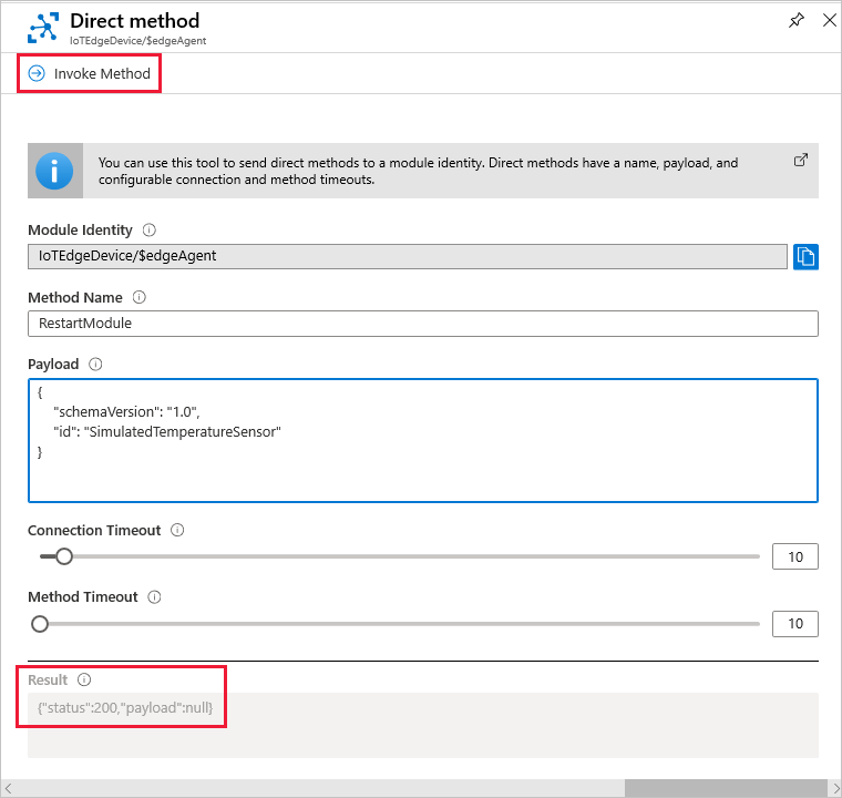 Snímek obrazovky znázorňující, jak vyvolat metodu RestartModule přímé metody na webu Azure Portal